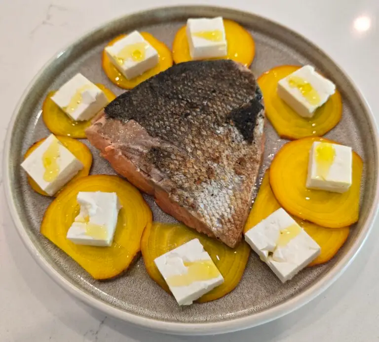 Salmon plate with sliced beet and cheese