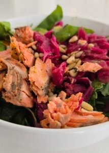 Close up of Salmon bowl salad