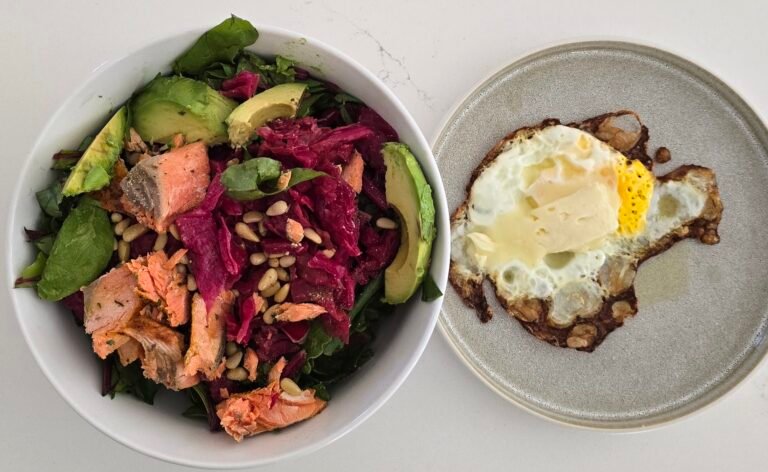 Salmon salad with crispy fried egg