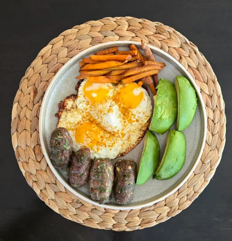 Lamb Kafta, tallow fried eggs, sweet potato air fries, avocado